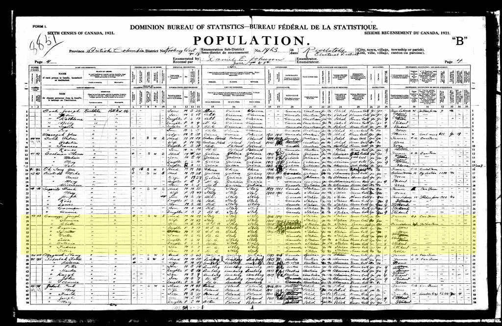 Candian Census - Giuseppe Camozzi Canadian Census 1921