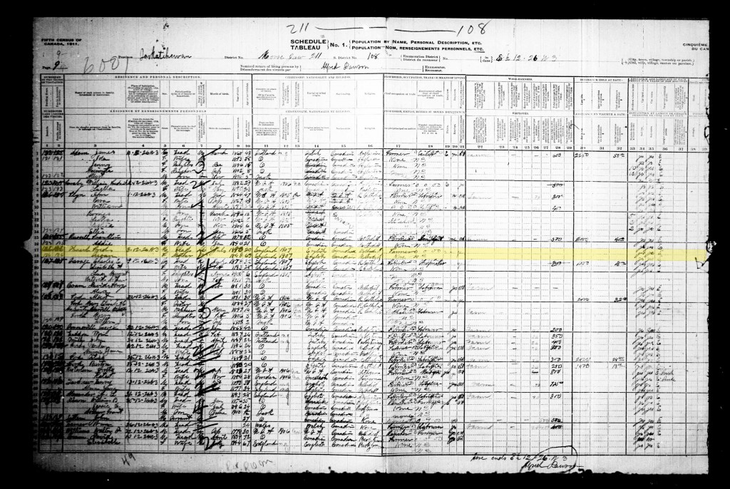 Candian Census - Fred Sheward 1911 Canadian Census